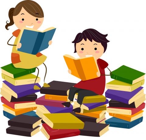 boys and girls reading book at library clipart
